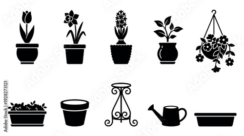 Collection of black gardening silhouettes featuring potted flowers like tulips, daffodils, and hyacinths, along with tools such as a watering can and various planters