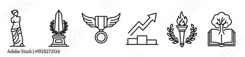 Collection of black line art icons symbolizing success and education, featuring a classical statue, winged medal, growth chart, flaming torch, and tree of knowledge