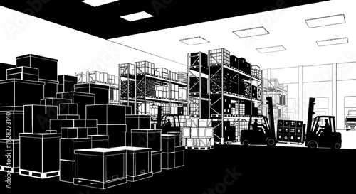 Warehouse interior black and white illustration with forklifts and boxes