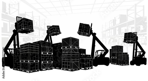 Warehouse silhouette illustration forklifts moving pallets of goods in storage