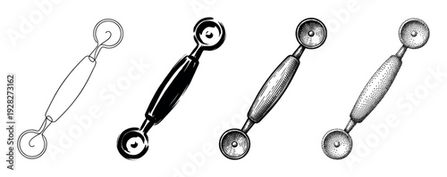 Set of four melon baller illustrations showing different artistic styles including line art, silhouette, engraving, and stippling for a vintage or modern culinary design concept
