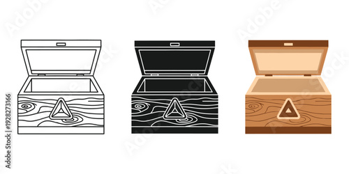 Three open wooden treasure chests with triangle symbols on lids black and white line art and brown wood texture isolated on white background