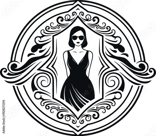 Elegant black and white vintage style logo design featuring a sophisticated woman wearing sunglasses framed within intricate ornamental baroque scrollwork borders creating a classic emblem.