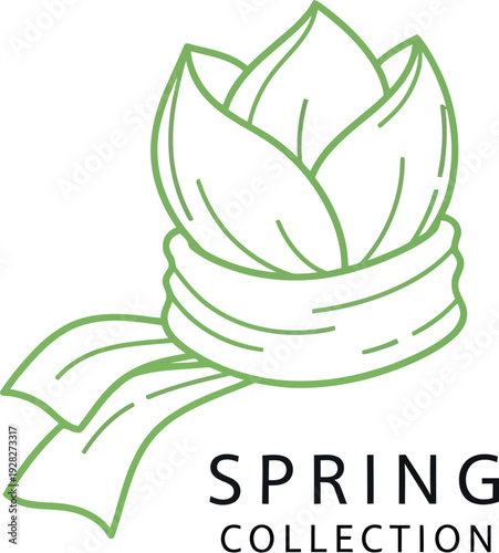 Minimalist line art logo design featuring a stylized green sprout or closed flower bud elegantly wrapped with a flowing scarf symbolizing the arrival of warmer springtime weather and new fashion.