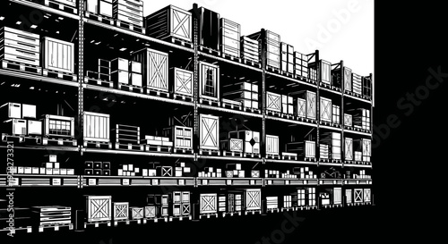 Warehouse storage illustration shelves filled with boxes and containers