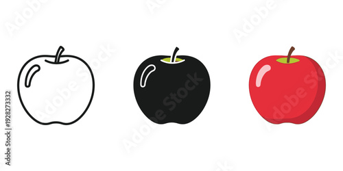 Three apples in different stages of color and shading on white background fruit concept with line art and solid colors
