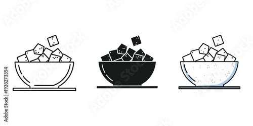 Three bowls filled with assorted black and white sugar cubes on plates minimalistic illustration for design and editorial use
