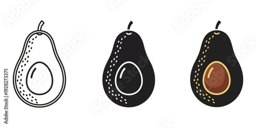 Avocado illustration set with line art black and colored versions on white background for healthy food and nutrition concepts