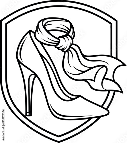 Elegant black and white line art logo featuring a classic high-heeled stiletto shoe elegantly adorned with a flowing scarf set inside a protective shield crest shape suitable for fashion brands.