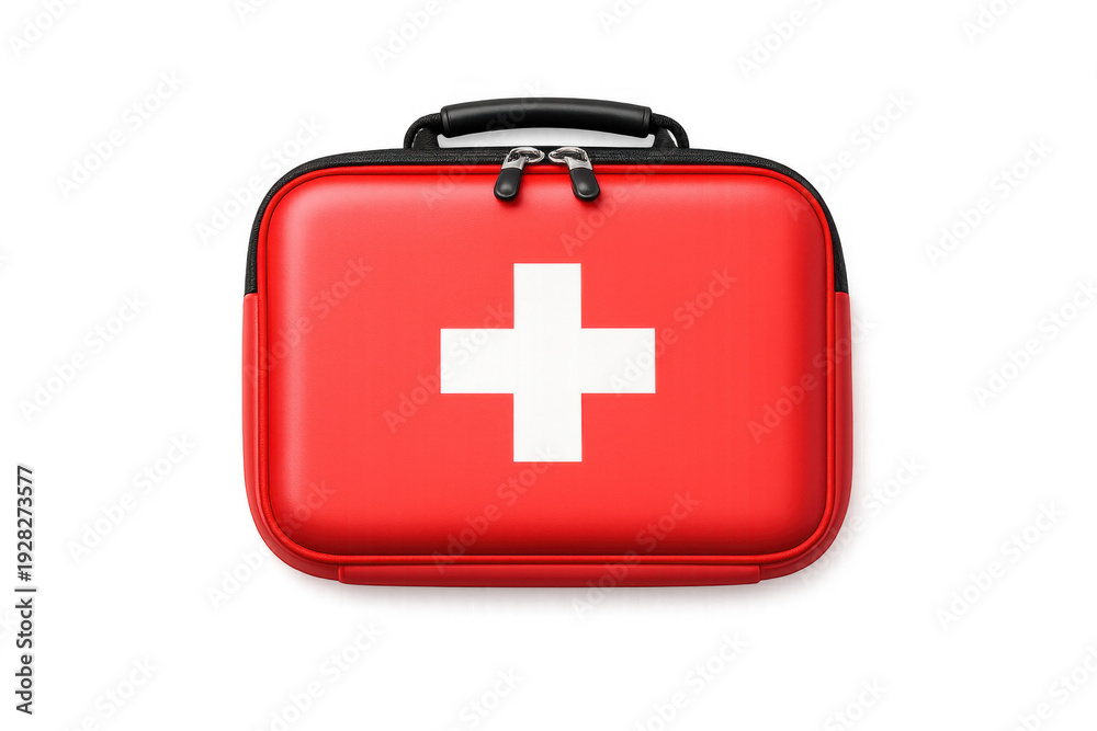 Fototapeta premium Emergency medical first aid kit with cross symbol - healthcare and safety design for posters and brochures