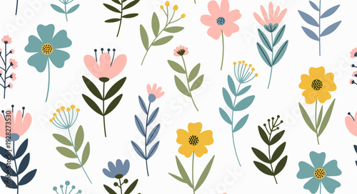 Vibrant spring floral vector background with playful watercolor flowers and leaves