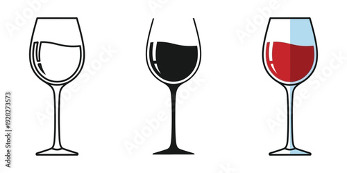 Three wine glasses with different levels of liquid empty full and half full illustration white background