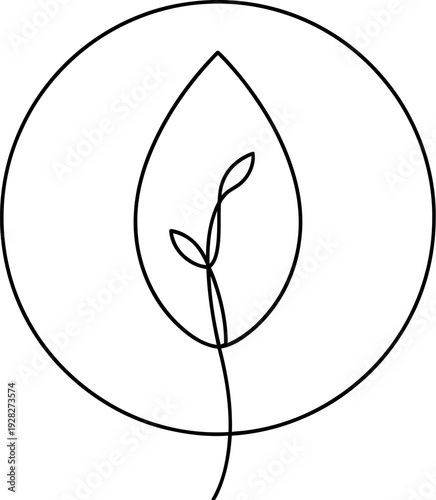 Minimalist continuous line art illustration depicting a delicate young sprout emerging within a concentric circular frame symbolizing organic growth and purity in simple design.