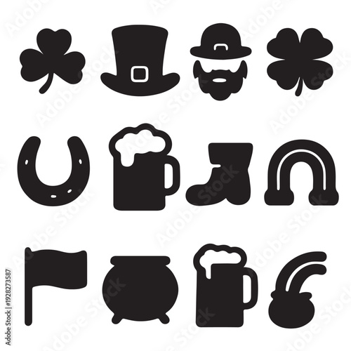 A vintage vector collection of St Patrick's Day icons featuring a black silhouette design of a coffee mug, teapot, and hot beverage cup set for a cafe or kitchen illustration