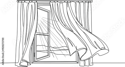 Simple line art illustration depicting an open window with sunlight streaming in and sheer curtains billowing gently inward due to a fresh breeze.