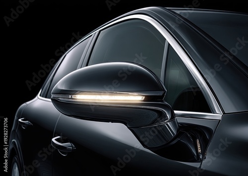 Sleek black automobile side mirror illuminated with a modern LED signal
