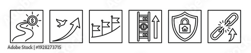 Set of six business and finance line icons representing concepts of growth, success, security, freedom, and achieving financial goals in a minimalist black outline style