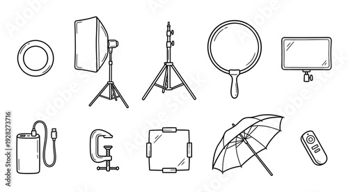 Set of hand-drawn photography studio equipment including a softbox, ring light, tripod, reflector, and umbrella, illustrated in a simple black and white line art doodle style