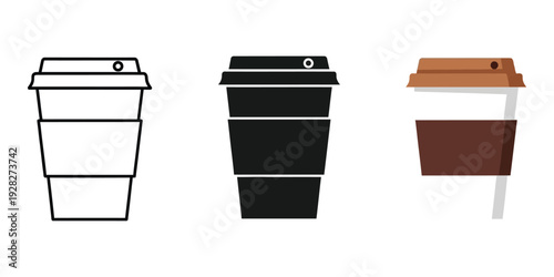 Three disposable coffee cups in different colors and designs on white background