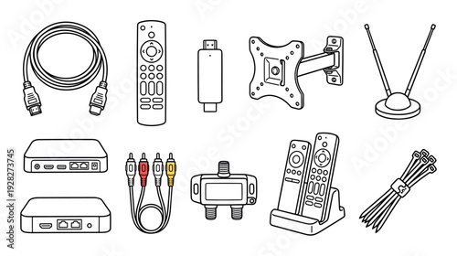 Collection of television and media accessories including a remote, cables, antenna, and wall mount bracket in a simple black and white line art illustration style