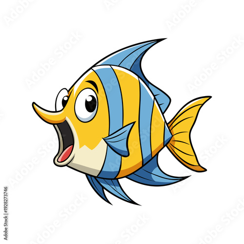 Cute tropical cartoon fish swimming underwater with coral in the ocean vector illustration