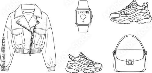 Outline illustration showcasing a trendy spring fashion collection featuring a cropped biker jacket chunky sneakers a stylish handbag and a fitness tracking smartwatch design