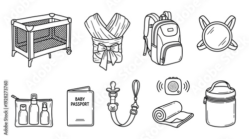 Collection of hand-drawn baby travel essentials including a portable crib, diaper bag, sling carrier, and pacifier, illustrated in a simple black and white line art doodle style