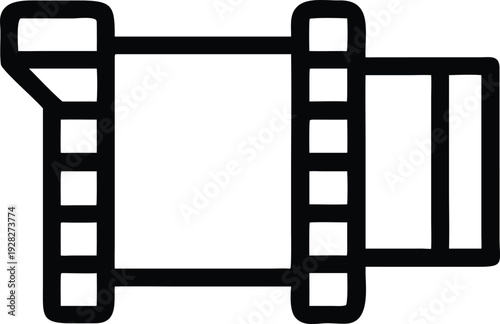 This is an outline icon showing a film strip moving through a device for projection