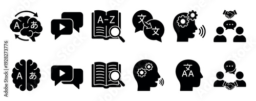 Black language translation and communication icons set representing concepts of learning, dictionary, vocabulary, speaking, and international business negotiation in a simple flat style