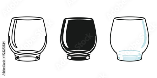 Three glasses illustration empty and filled black and white line art drinking vessels glassware isolated on white background