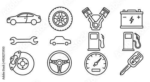 Collection of minimalist car service icons showing an automobile, tire, engine, battery, brake disc, fuel pump, steering wheel, key, and wrench in a simple line art style
