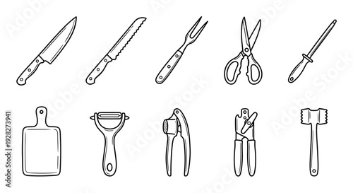 Black and white line art set of kitchen utensils including a knife, peeler, can opener, and cutting board in a simple hand-drawn doodle style for cooking concepts