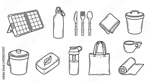 Set of hand-drawn eco-friendly items for a zero-waste lifestyle, including a solar panel, reusable bottle, tote bag, and bamboo cutlery in a simple black line art illustration