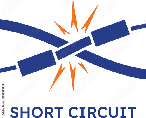 Short circuit icon vector illustration featuring blue damaged electric wires with orange sparks and flashes representing electrical power failure risk and technical safety danger hazards