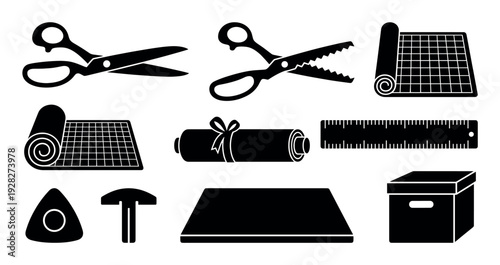 Crafting and sewing tools icon collection featuring black silhouettes of scissors, a cutting mat, ruler, chalk, and other hobby supplies in a minimalist graphic design