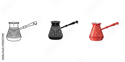 Traditional turkish coffee pots in black red and white with intricate designs on a plain background