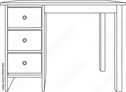 Simple line art illustration of a classic wooden writing desk featuring a three drawer pedestal on the left side and open workspace area for office or home study use.