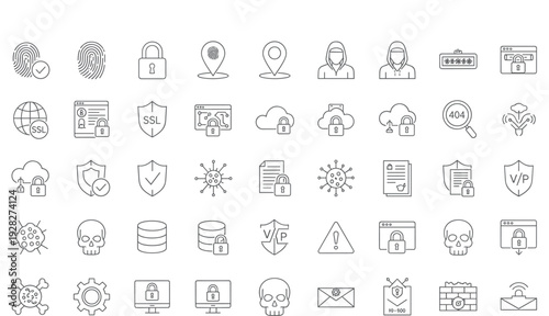Cyber security icons set, data protection privacy hacking prevention, SSL VPN firewall cloud safety, network defense, line vector illustration collection