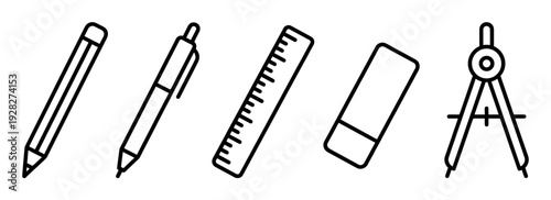 Set of black line art stationery icons including a pencil, pen, ruler, eraser, and compass for school or office work, presented in a clean and minimalist graphic style