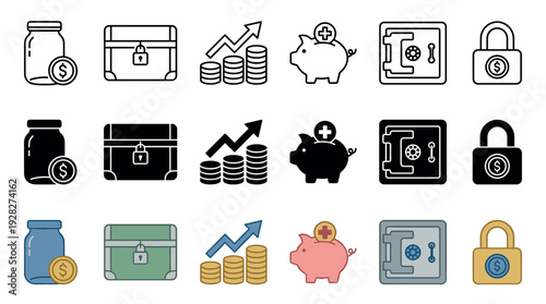Collection of finance and savings icons presented in three different styles: outline, solid glyph, and full color, featuring a piggy bank, safe, and growing coins