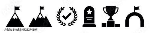 Set of black success and achievement icons including a mountain peak with a flag, a winner's trophy, a laurel wreath, and a finish line, representing goals and victory