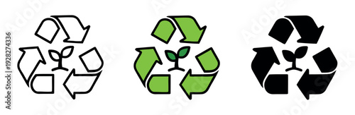 Classic triangular recycling symbol featuring a small green sprout in the center. Modern icons for sustainability and eco-conscious design.