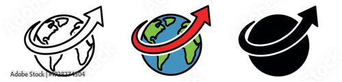 Earth globe with a rising red arrow representing global growth or warming, shown in outline, color, and silhouette styles.