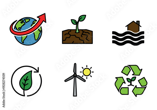 Eco-friendly icons including global warming, drought, flooding, recycling, wind energy, and reforestation in a bold color style.