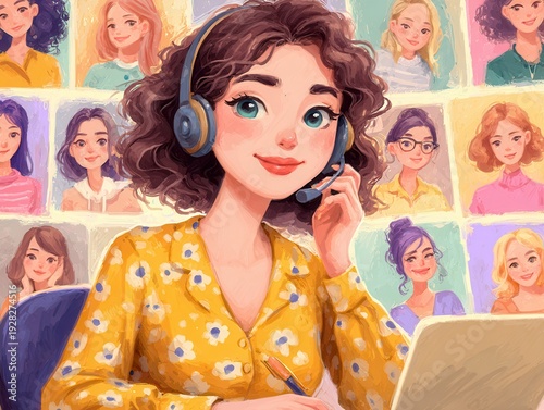 헤드셋을 착용하고 미소 지으며 온라인 화상 회의에 참여하고 있는 갈색 곱슬머리의 젊은 여성 일러스트레이션으로 배경에는 다양한 여성들의 프로필이 격자 형태로 배치되어 협업과 소통의 분위기를 연출합니다.