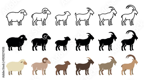 Farm animal vector icon set featuring sheep, ram, lamb, and goat illustrations in minimalist outline, silhouette, and flat color design styles