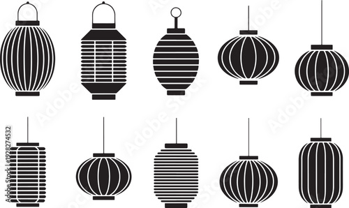 Ten black and white paper lanterns with various patterns and hanging from strings