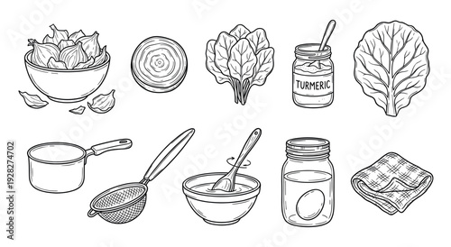 Hand-drawn set of ingredients and tools for naturally dyeing Easter eggs with onion skins, turmeric, and spinach in a black and white line art doodle style illustration