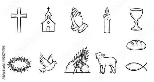Collection of hand-drawn Christian religious symbols including a cross, church, praying hands, dove, and lamb, depicted in a simple black and white line art doodle style
