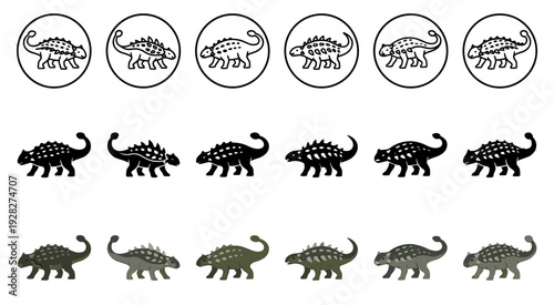 Ankylosaurus dinosaur icon set collection with various graphic styles including line art, black silhouette, and colored flat illustrations for design